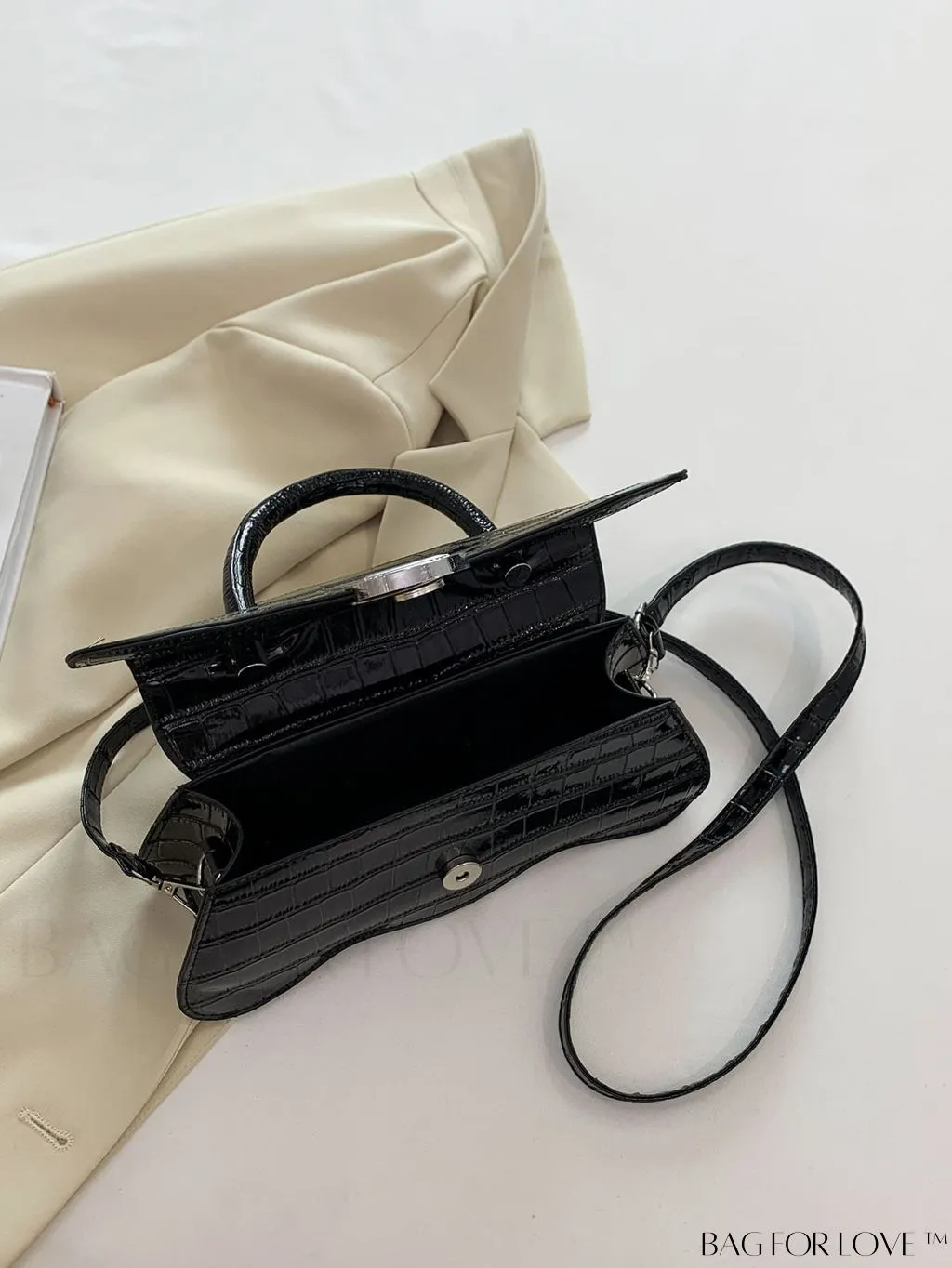BagForLove - White Top Handle Handbag with Crocodile Pattern - PU Leather