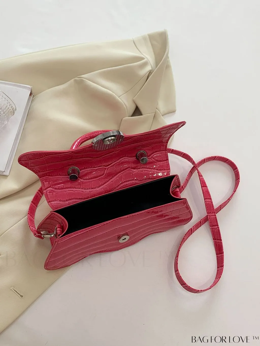 BagForLove - White Top Handle Handbag with Crocodile Pattern - PU Leather