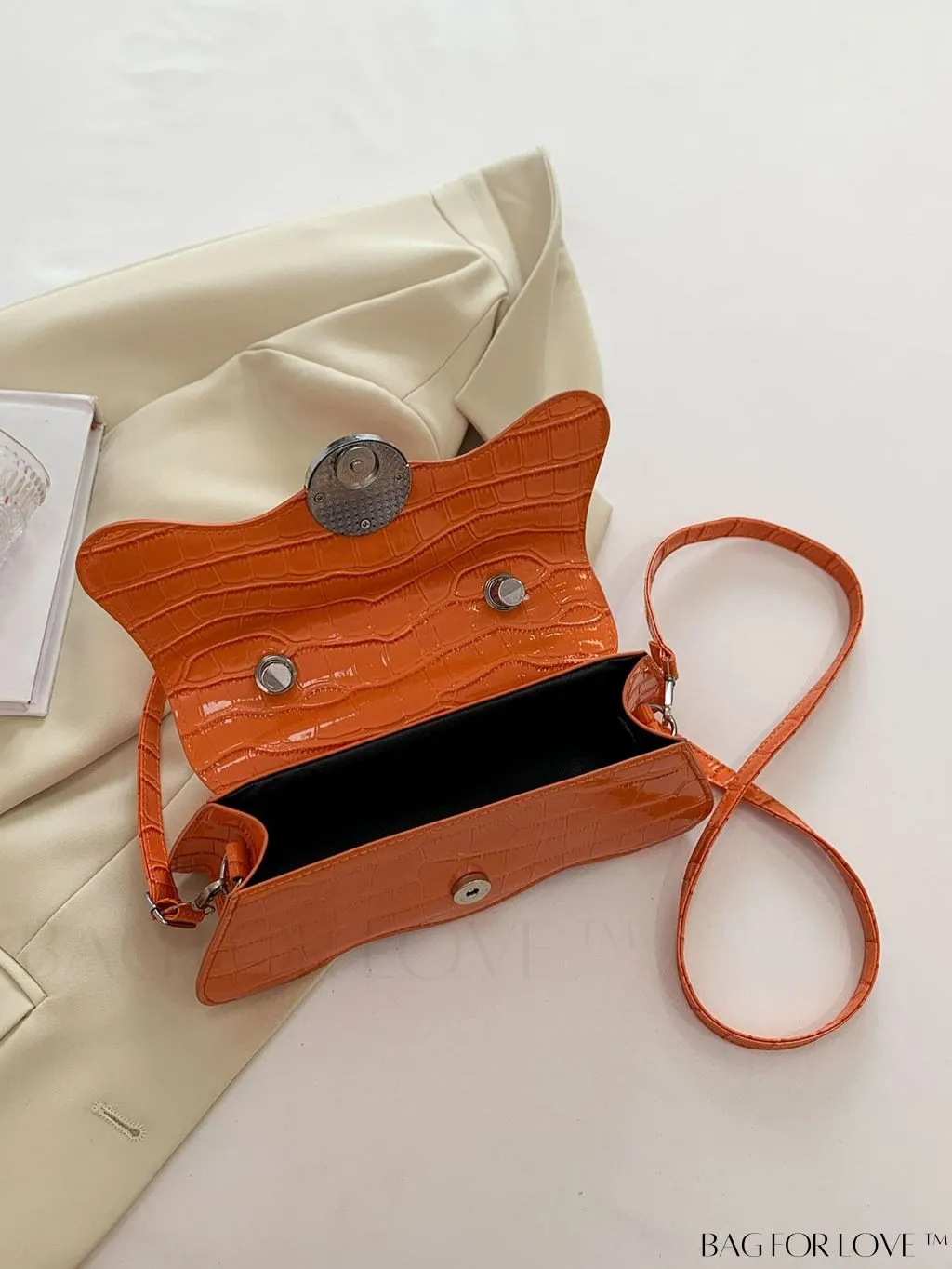 BagForLove - White Top Handle Handbag with Crocodile Pattern - PU Leather