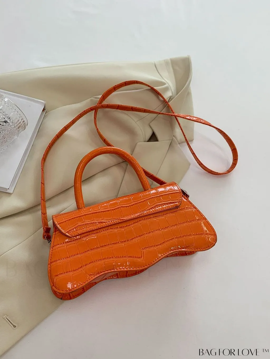BagForLove - White Top Handle Handbag with Crocodile Pattern - PU Leather