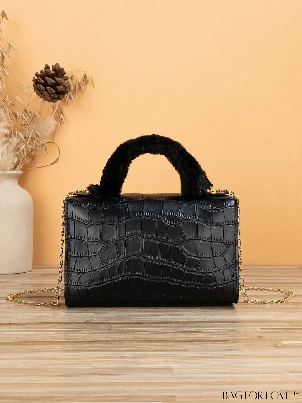 BagForLove - Womens Crocodile Embossed Plush Handle Mini Handbag: Stylish Diagonal Shoulder Bag