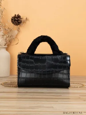 BagForLove - Womens Crocodile Embossed Plush Handle Mini Handbag: Stylish Diagonal Shoulder Bag