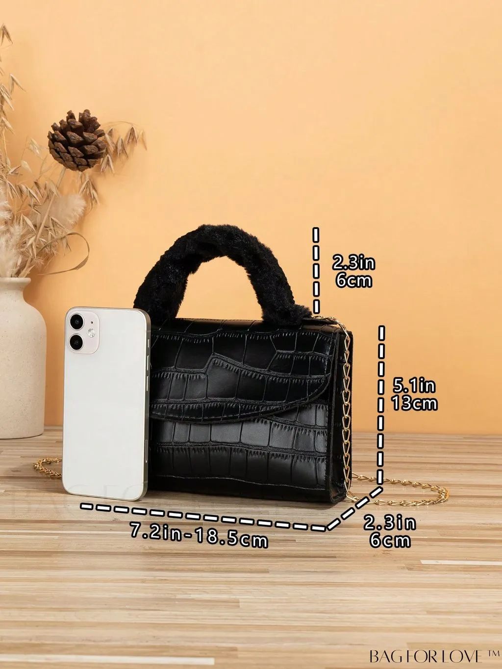 BagForLove - Womens Crocodile Embossed Plush Handle Mini Handbag: Stylish Diagonal Shoulder Bag