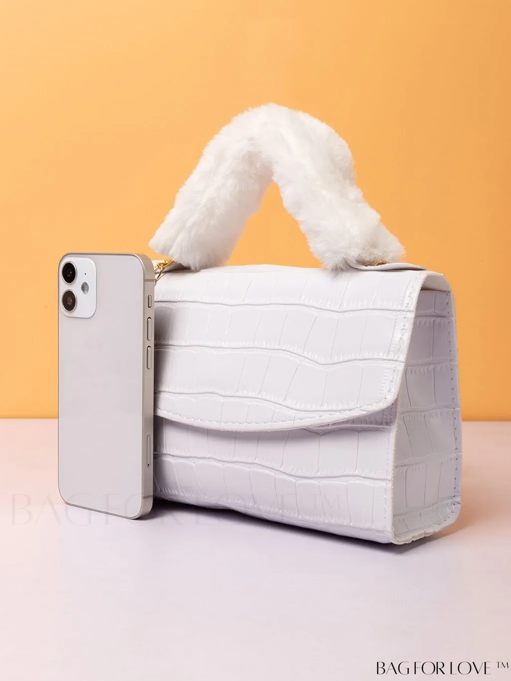 BagForLove - Womens Crocodile Embossed Plush Handle Mini Handbag: Stylish Diagonal Shoulder Bag