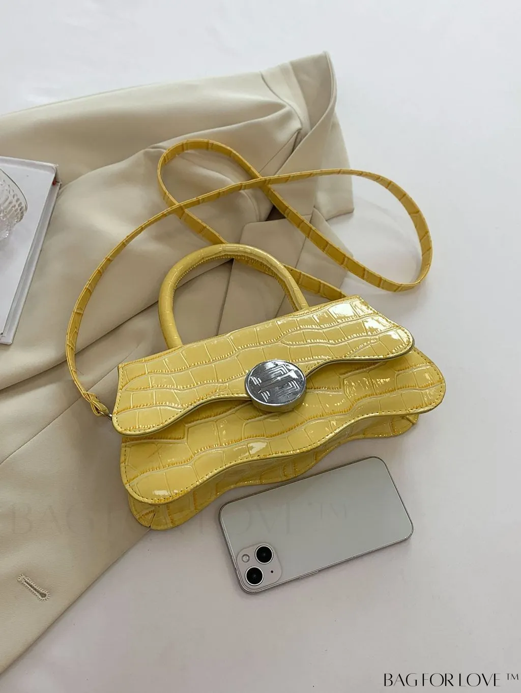 BagForLove - Yellow Top Handle Crocodile Pattern PU Handbag - Elegant and Stylish