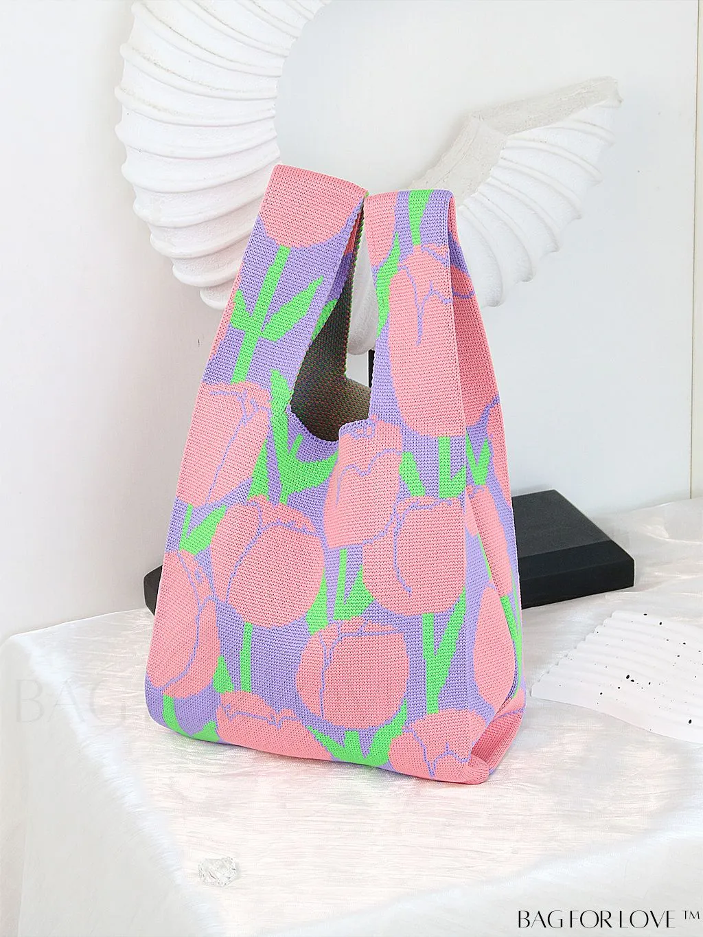 BagForLove - Zebra Striped Mini Crochet Bag with Letter Graphic - Double Handle, No Closure (Polyester)