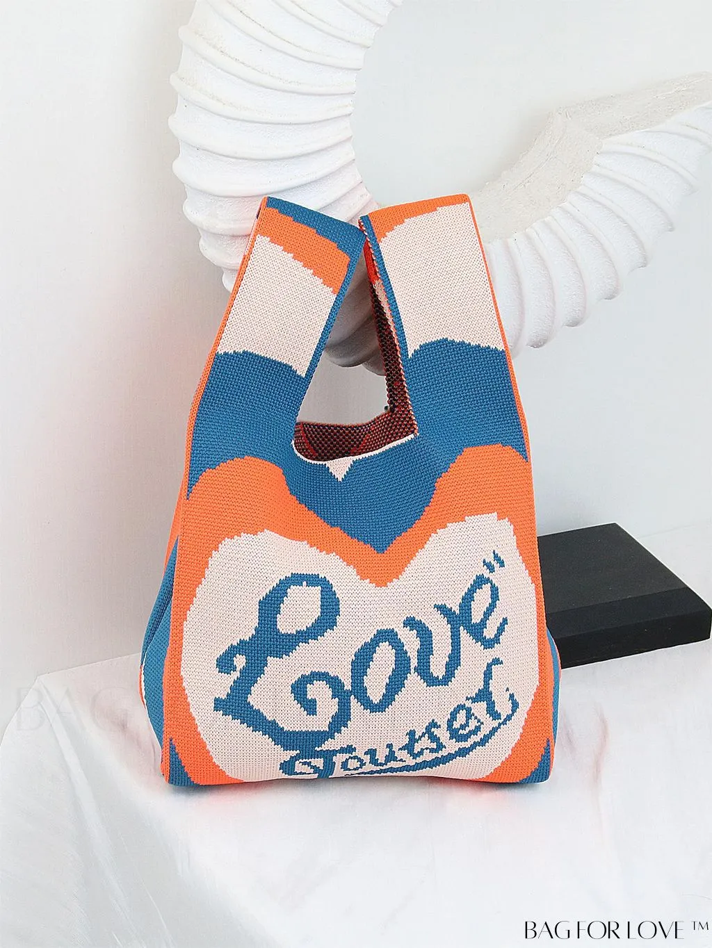 BagForLove - Zebra Striped Mini Crochet Bag with Letter Graphic - Double Handle, No Closure (Polyester)
