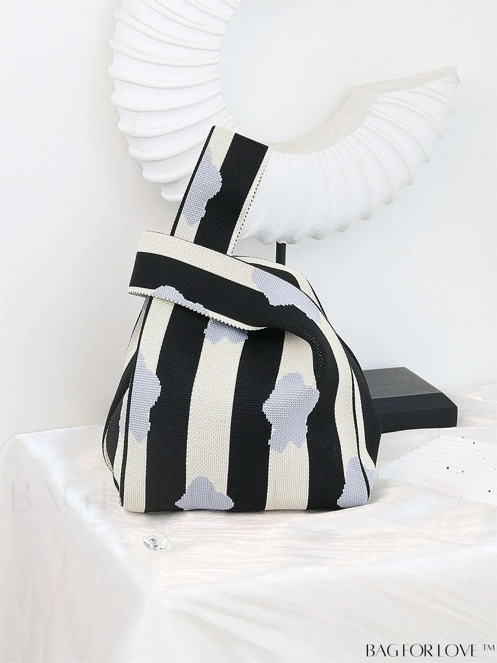 BagForLove - Zebra Striped Mini Crochet Bag with Letter Graphic - Double Handle, No Closure (Polyester)