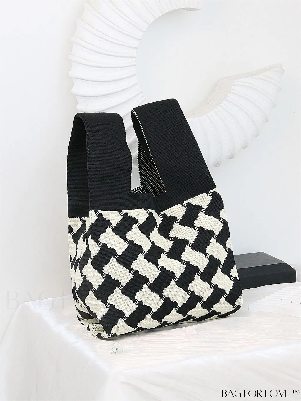 BagForLove - Zebra Striped Mini Crochet Bag with Letter Graphic - Double Handle, No Closure (Polyester)