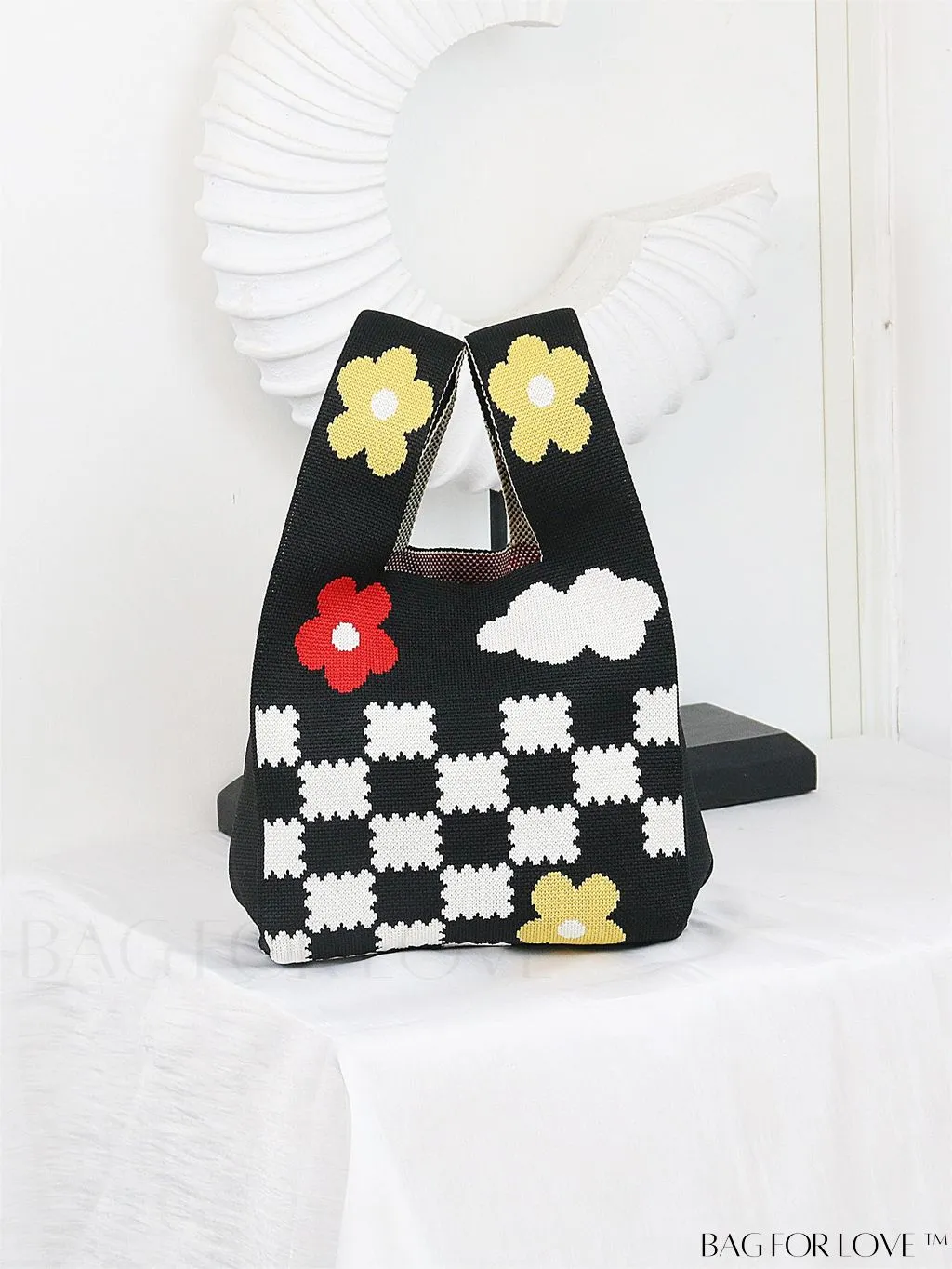 BagForLove - Zebra Striped Mini Crochet Bag with Letter Graphic - Double Handle, No Closure (Polyester)