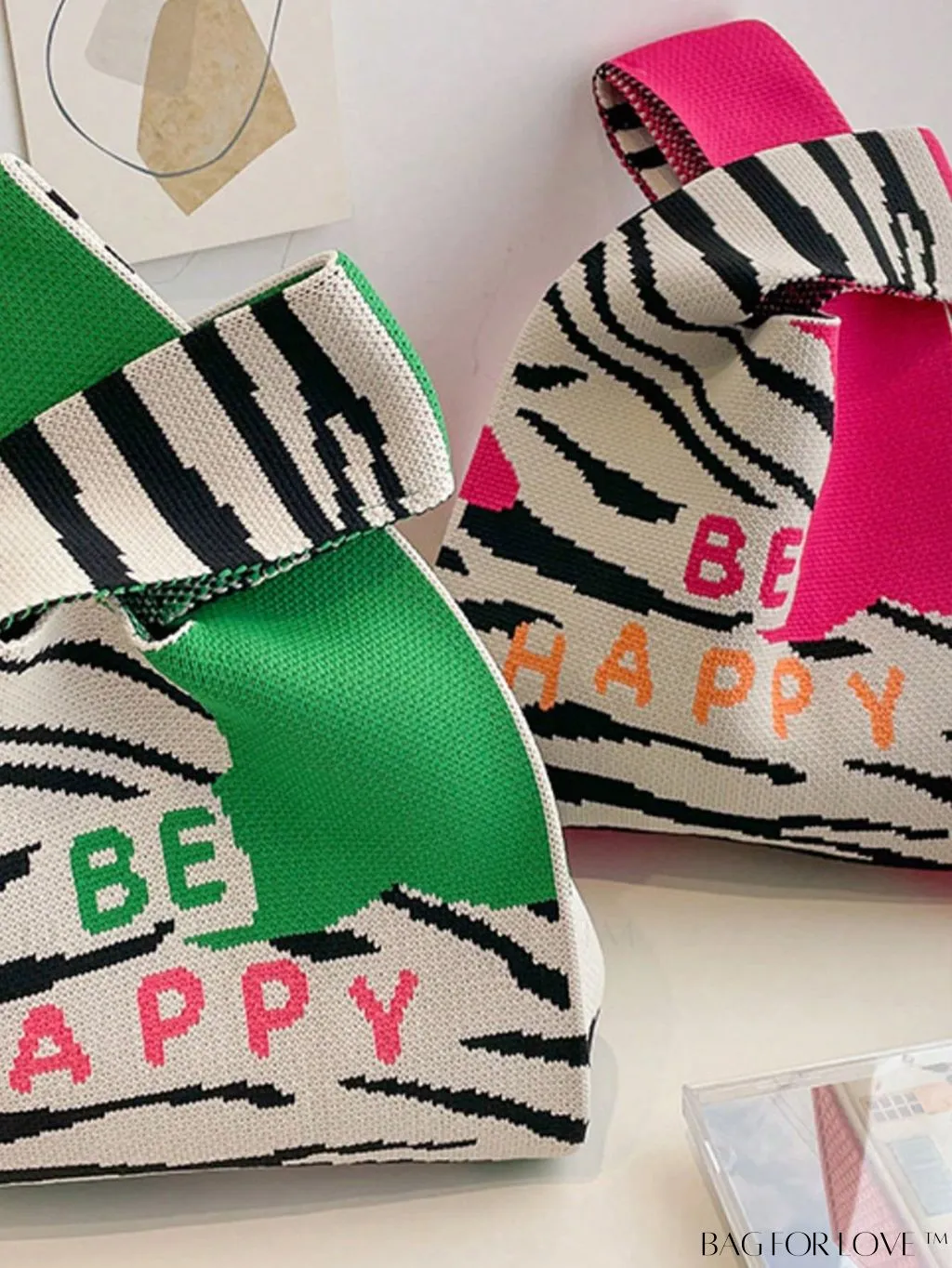 BagForLove - Zebra Striped Mini Crochet Bag with Letter Graphic - Double Handle, No Closure (Polyester)