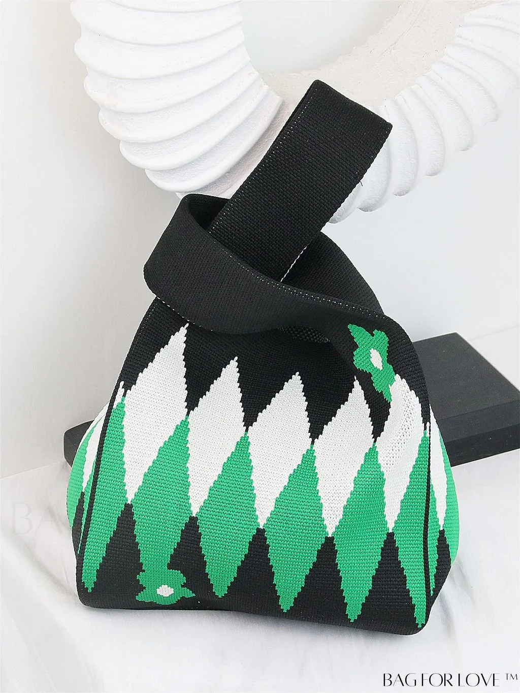 BagForLove - Zebra Striped Mini Crochet Bag with Letter Graphic - Double Handle, No Closure (Polyester)