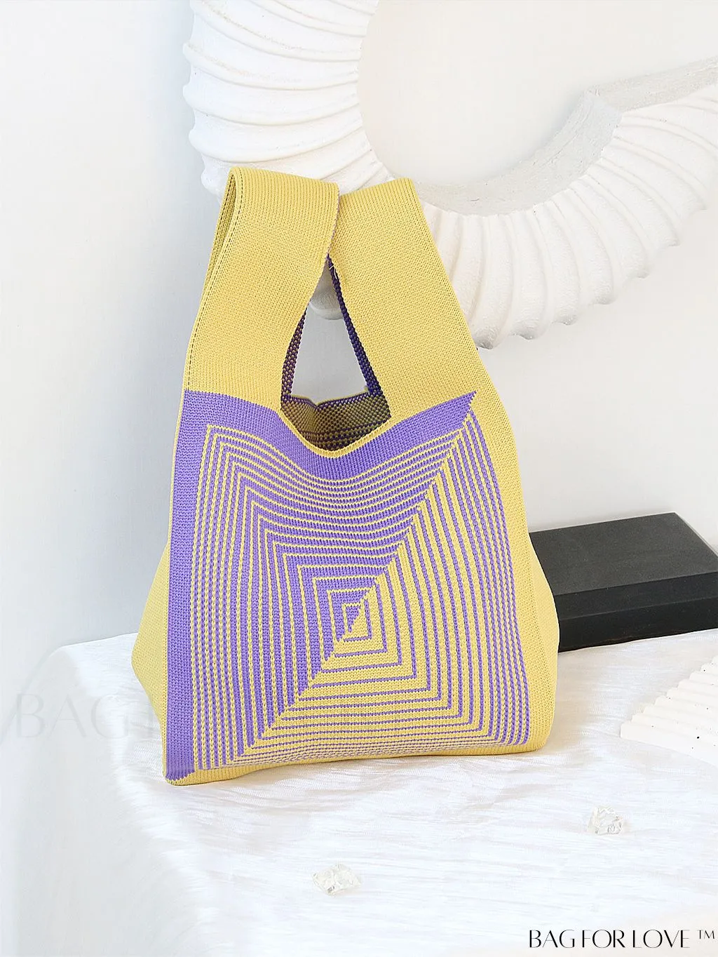 BagForLove - Zebra Striped Mini Crochet Bag with Letter Graphic - Double Handle, No Closure (Polyester)