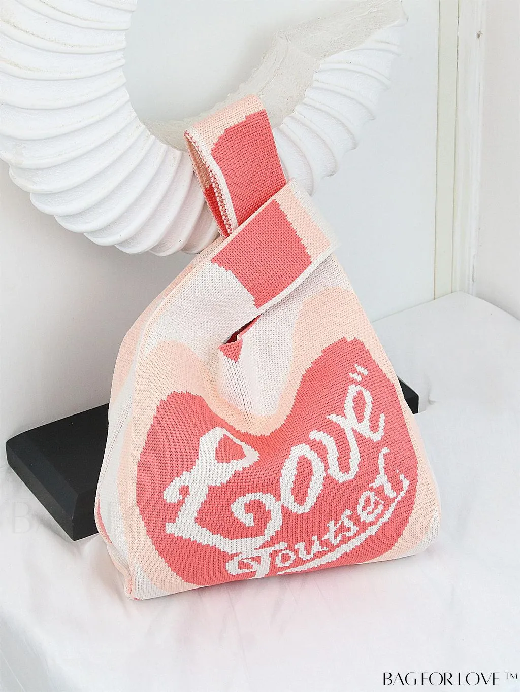 BagForLove - Zebra Striped Mini Crochet Bag with Letter Graphic - Double Handle, No Closure (Polyester)