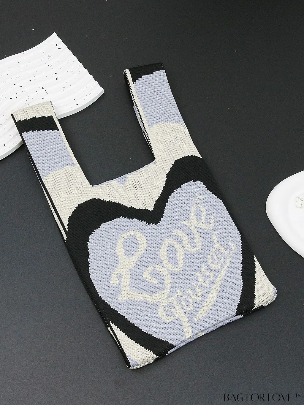 BagForLove - Zebra Striped Mini Crochet Bag with Letter Graphic - Double Handle, No Closure (Polyester)