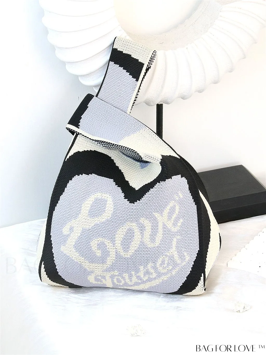 BagForLove - Zebra Striped Mini Crochet Bag with Letter Graphic - Double Handle, No Closure (Polyester)