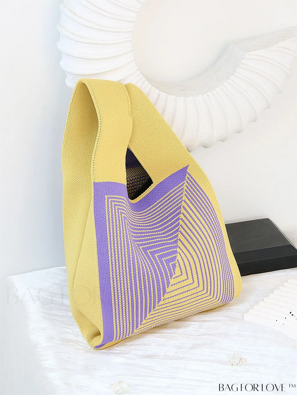 BagForLove - Zebra Striped Mini Crochet Bag with Letter Graphic - Double Handle, No Closure (Polyester)