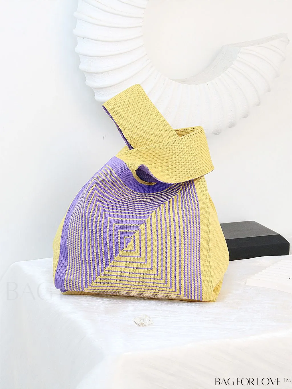 BagForLove - Zebra Striped Mini Crochet Bag with Letter Graphic - Double Handle, No Closure (Polyester)