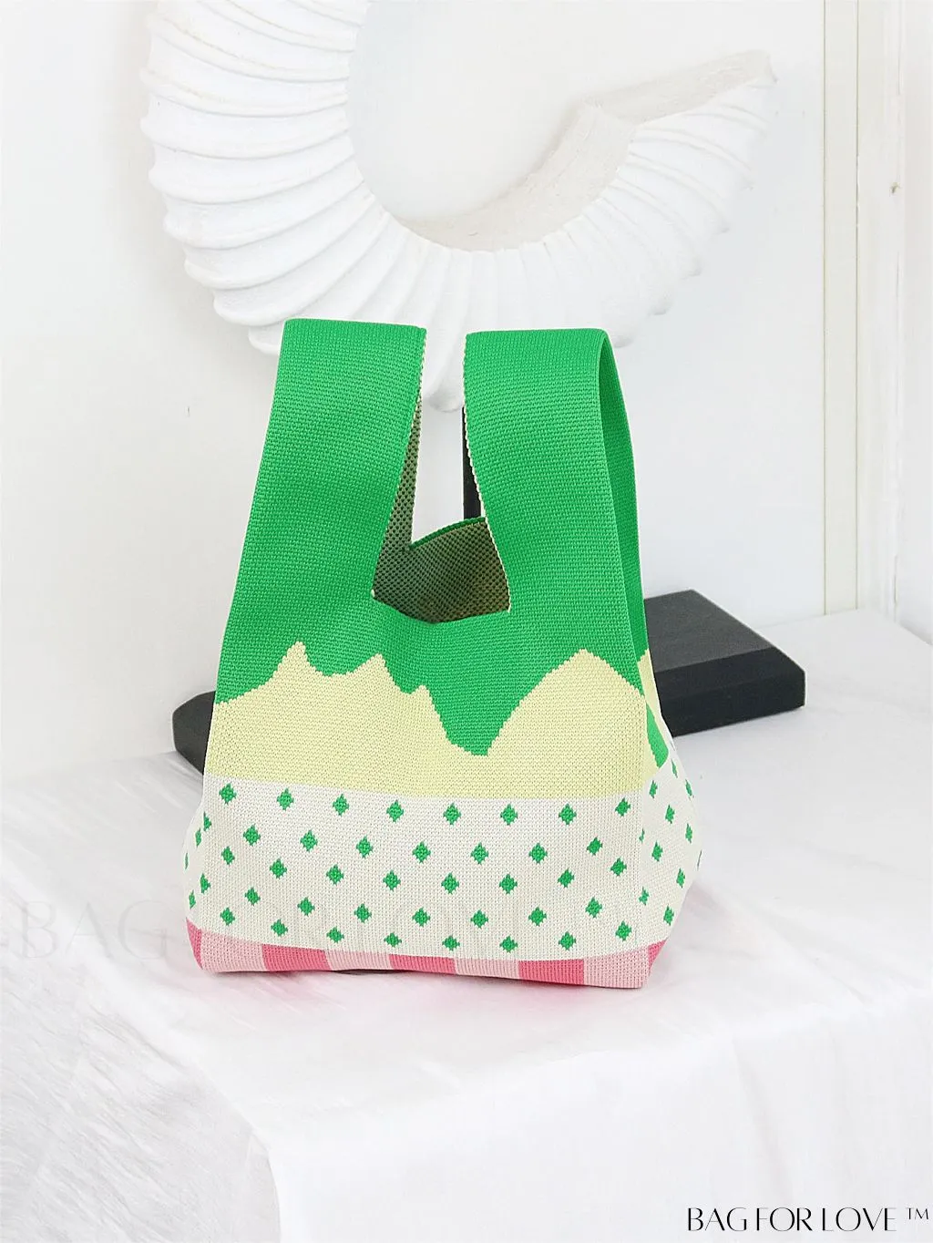 BagForLove - Zebra Striped Mini Crochet Bag with Letter Graphic - Double Handle, No Closure (Polyester)