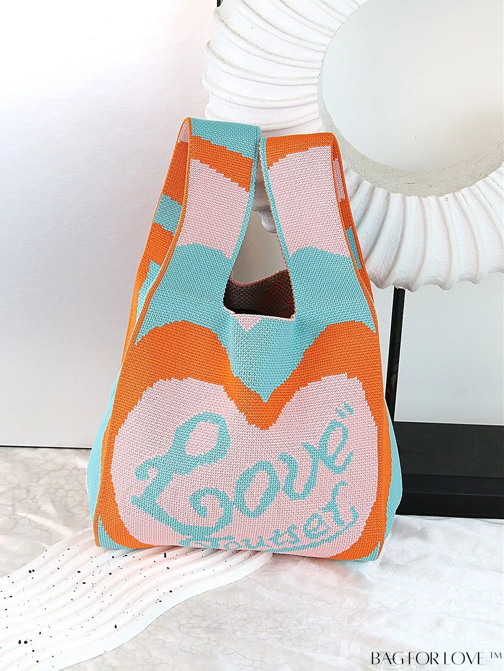 BagForLove - Zebra Striped Mini Crochet Bag with Letter Graphic - Double Handle, No Closure (Polyester)