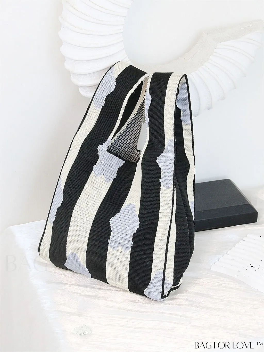 BagForLove - Zebra Striped Mini Crochet Bag with Letter Graphic - Double Handle, No Closure (Polyester)