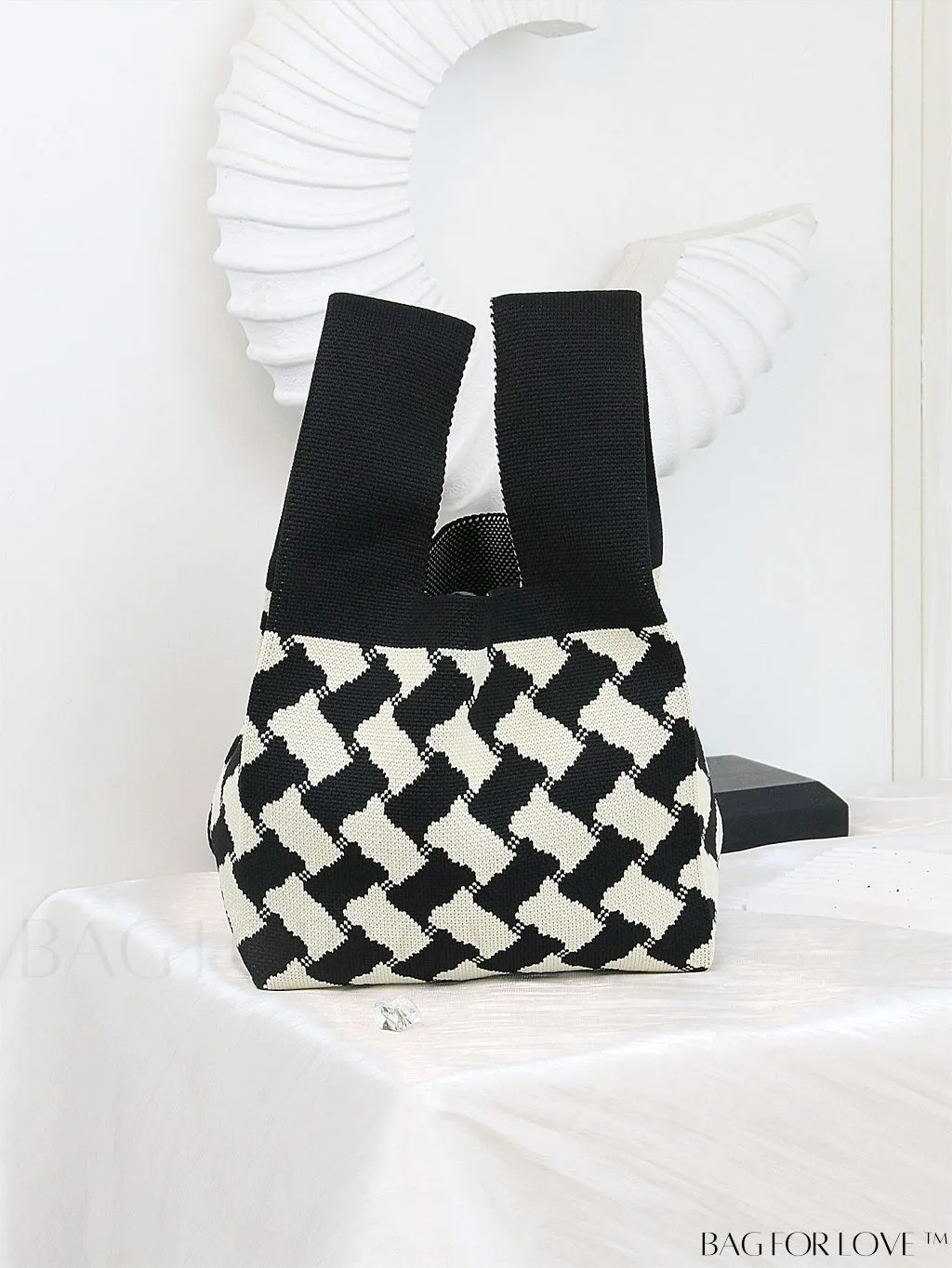 BagForLove - Zebra Striped Mini Crochet Bag with Letter Graphic - Double Handle, No Closure (Polyester)