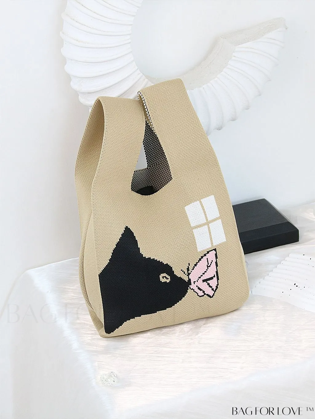 BagForLove - Zebra Striped Mini Crochet Bag with Letter Graphic - Double Handle, No Closure (Polyester)