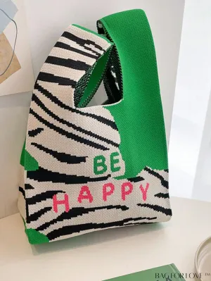 BagForLove - Zebra Striped Mini Crochet Bag with Letter Graphic - Double Handle, No Closure (Polyester)