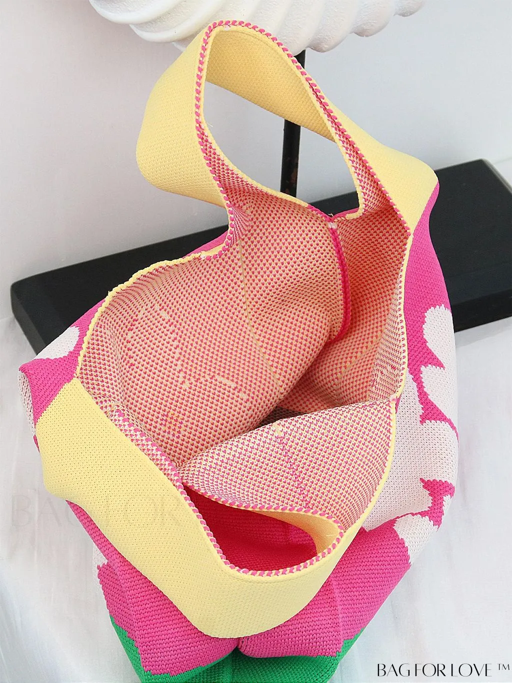 BagForLove - Zebra Striped Mini Crochet Bag with Letter Graphic - Double Handle, No Closure (Polyester)