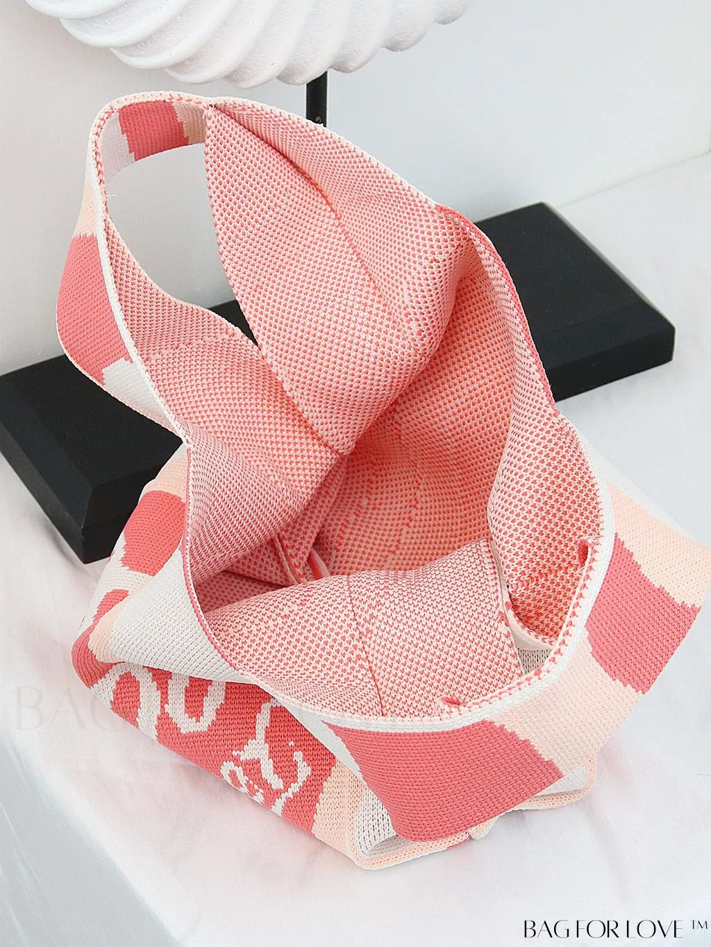 BagForLove - Zebra Striped Mini Crochet Bag with Letter Graphic - Double Handle, No Closure (Polyester)