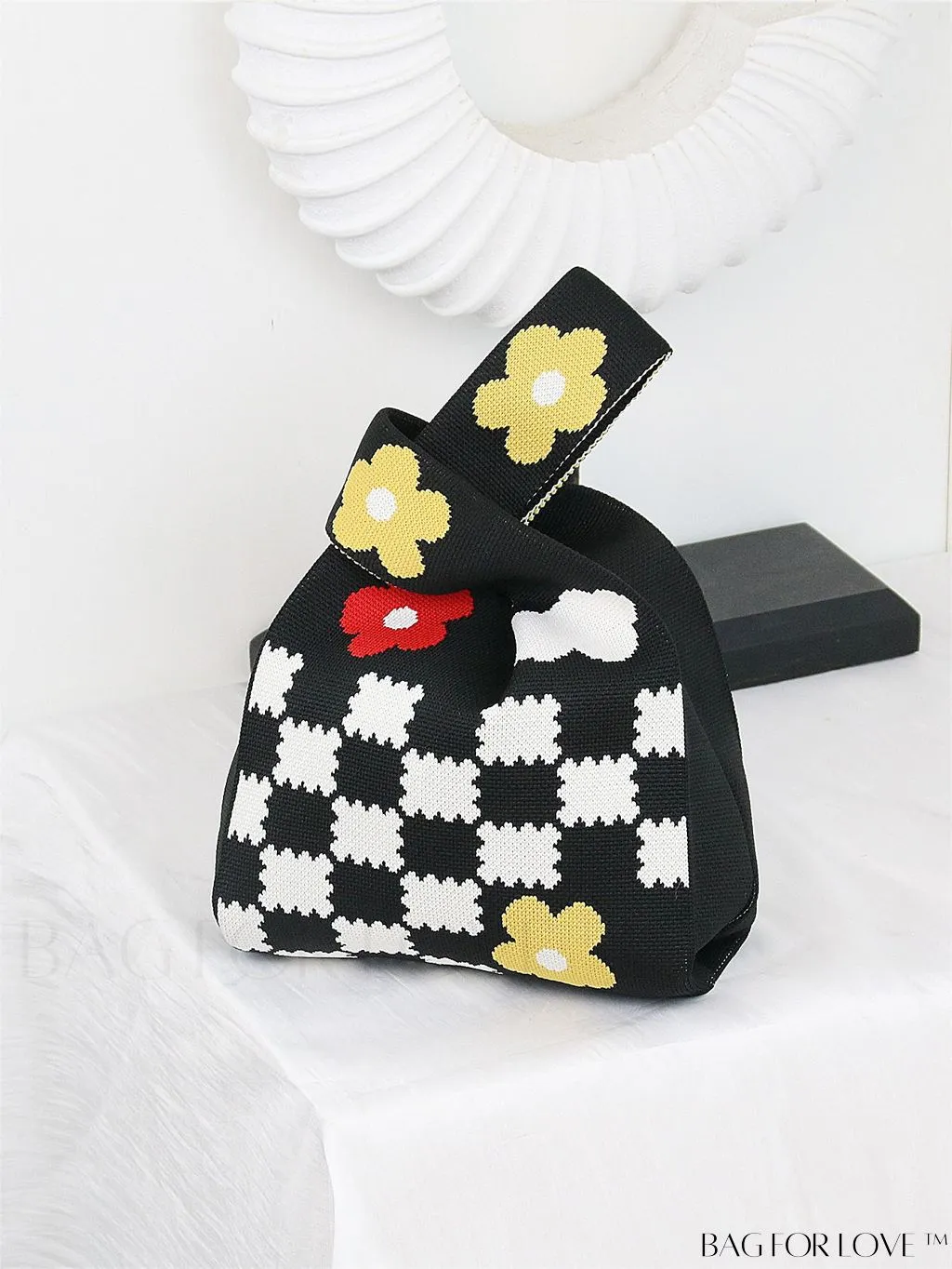 BagForLove - Zebra Striped Mini Crochet Bag with Letter Graphic - Double Handle, No Closure (Polyester)