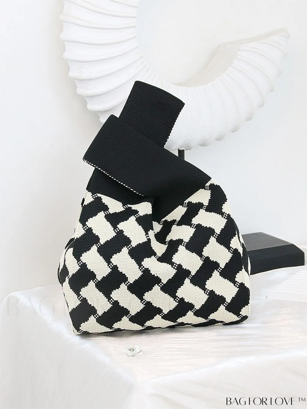 BagForLove - Zebra Striped Mini Crochet Bag with Letter Graphic - Double Handle, No Closure (Polyester)