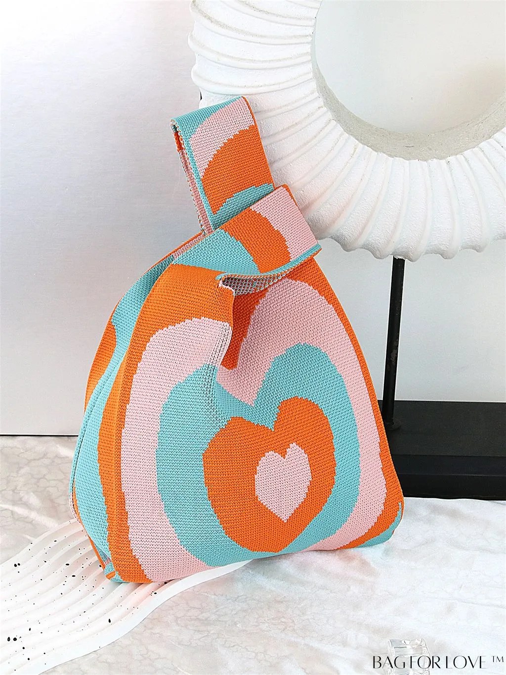 BagForLove - Zebra Striped Mini Crochet Bag with Letter Graphic - Double Handle, No Closure (Polyester)