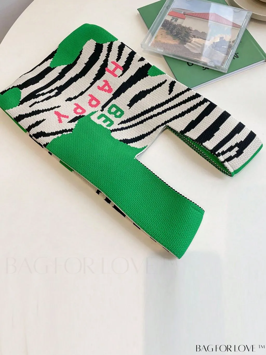 BagForLove - Zebra Striped Mini Crochet Bag with Letter Graphic - Double Handle, No Closure (Polyester)