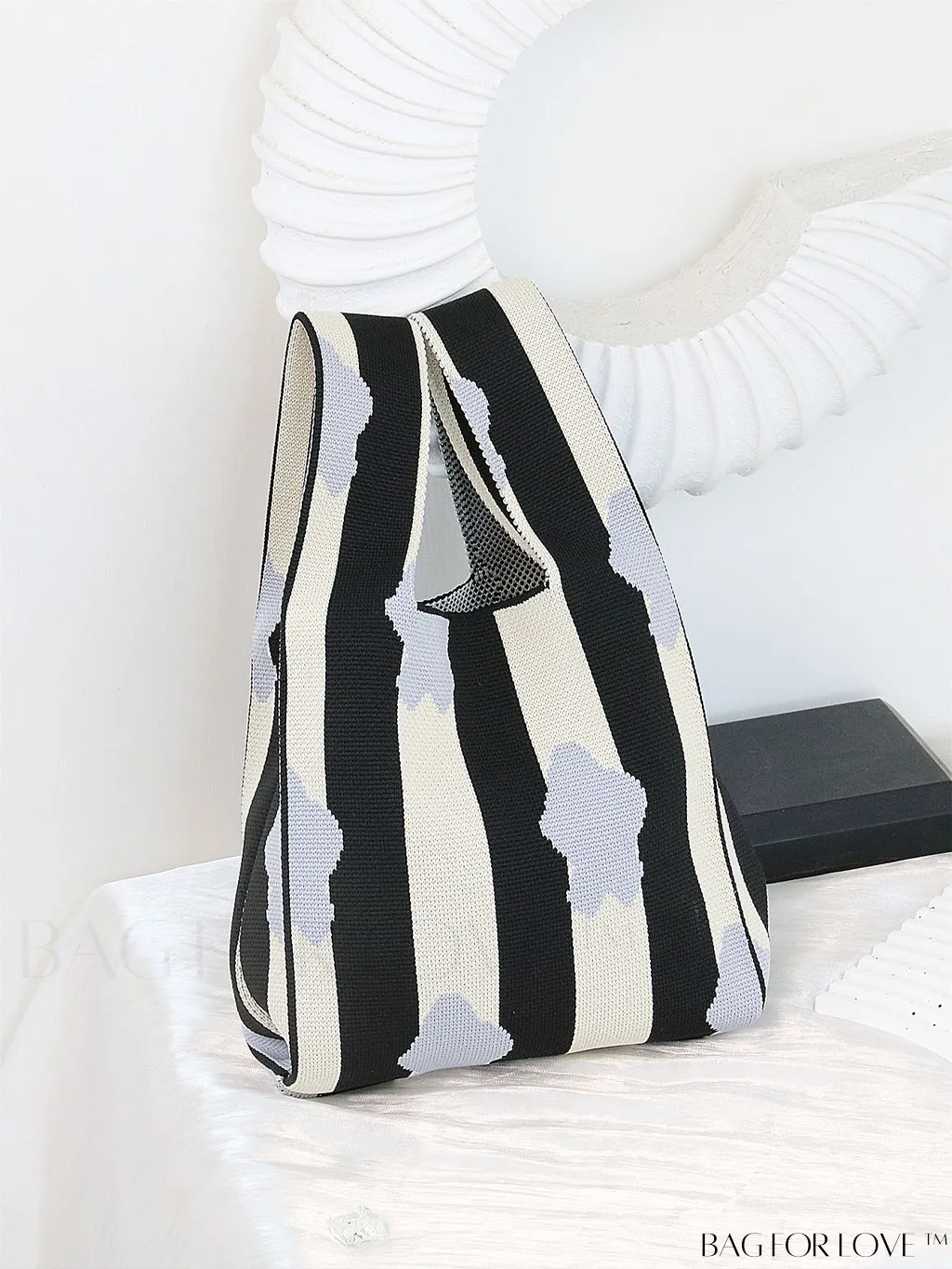 BagForLove - Zebra Striped Mini Crochet Bag with Letter Graphic - Double Handle, No Closure (Polyester)