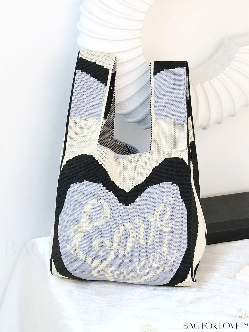 BagForLove - Zebra Striped Mini Crochet Bag with Letter Graphic - Double Handle, No Closure (Polyester)