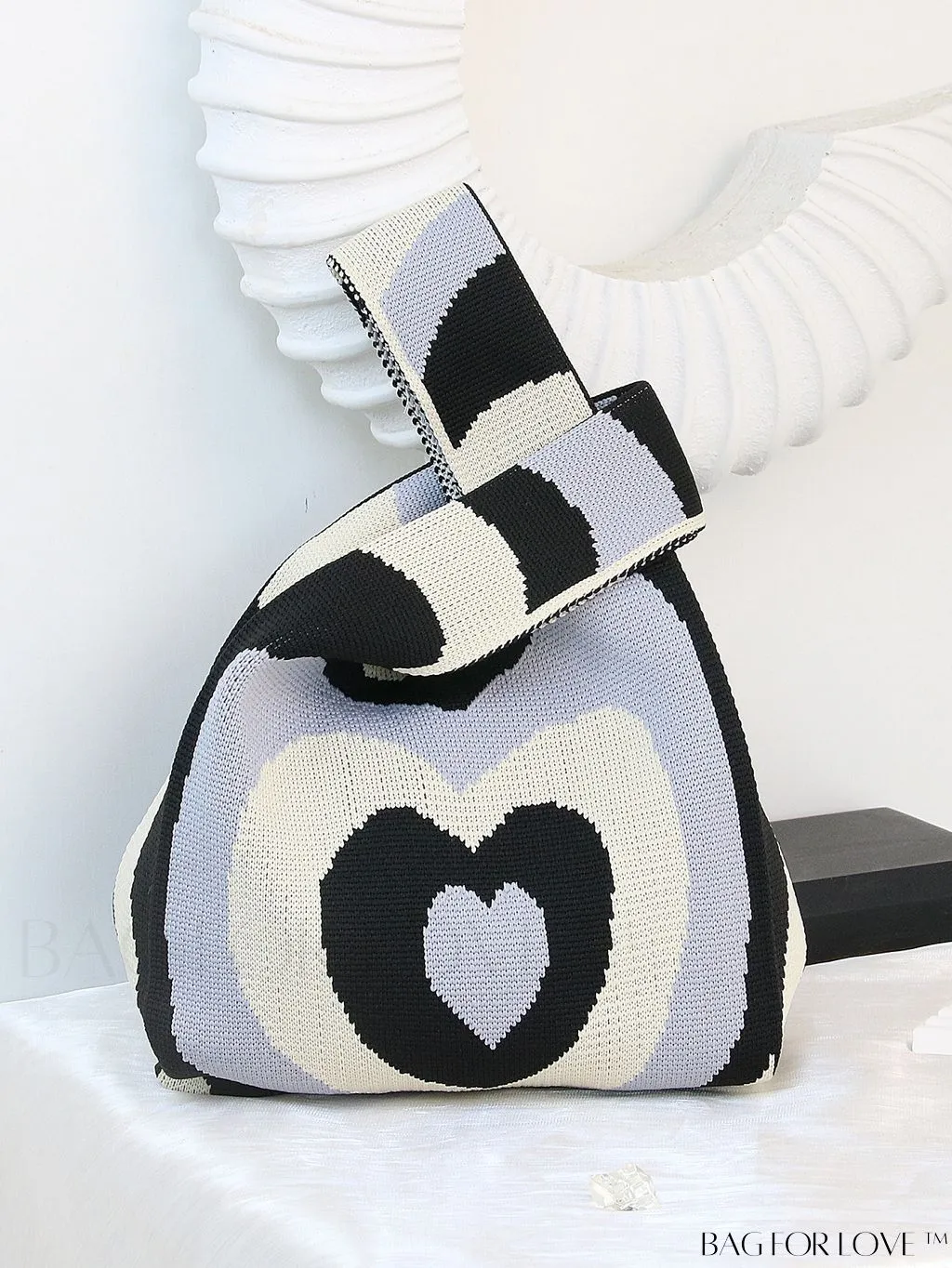 BagForLove - Zebra Striped Mini Crochet Bag with Letter Graphic - Double Handle, No Closure (Polyester)