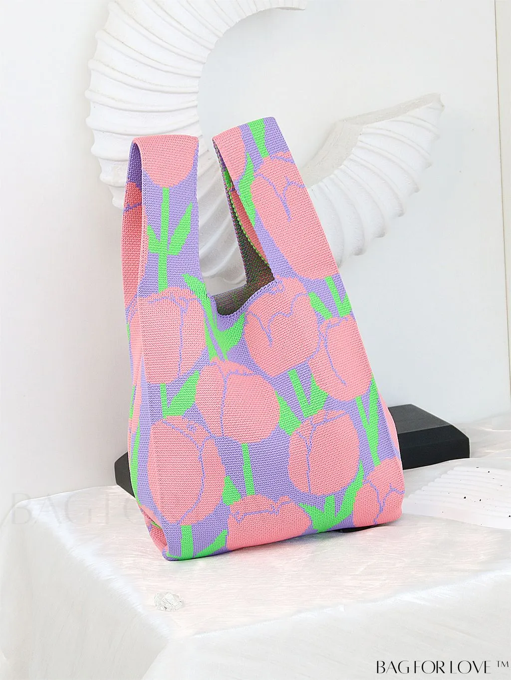 BagForLove - Zebra Striped Mini Crochet Bag with Letter Graphic - Double Handle, No Closure (Polyester)