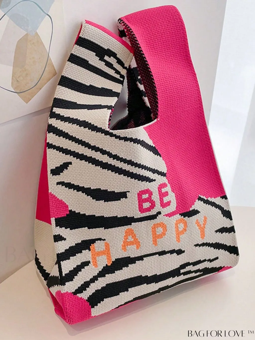 BagForLove - Zebra Striped Mini Crochet Bag with Letter Graphic - Double Handle, No Closure (Polyester)