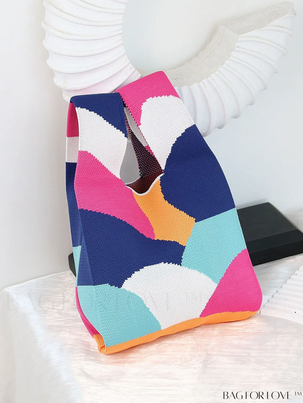 BagForLove - Zebra Striped Mini Crochet Bag with Letter Graphic - Double Handle, No Closure (Polyester)