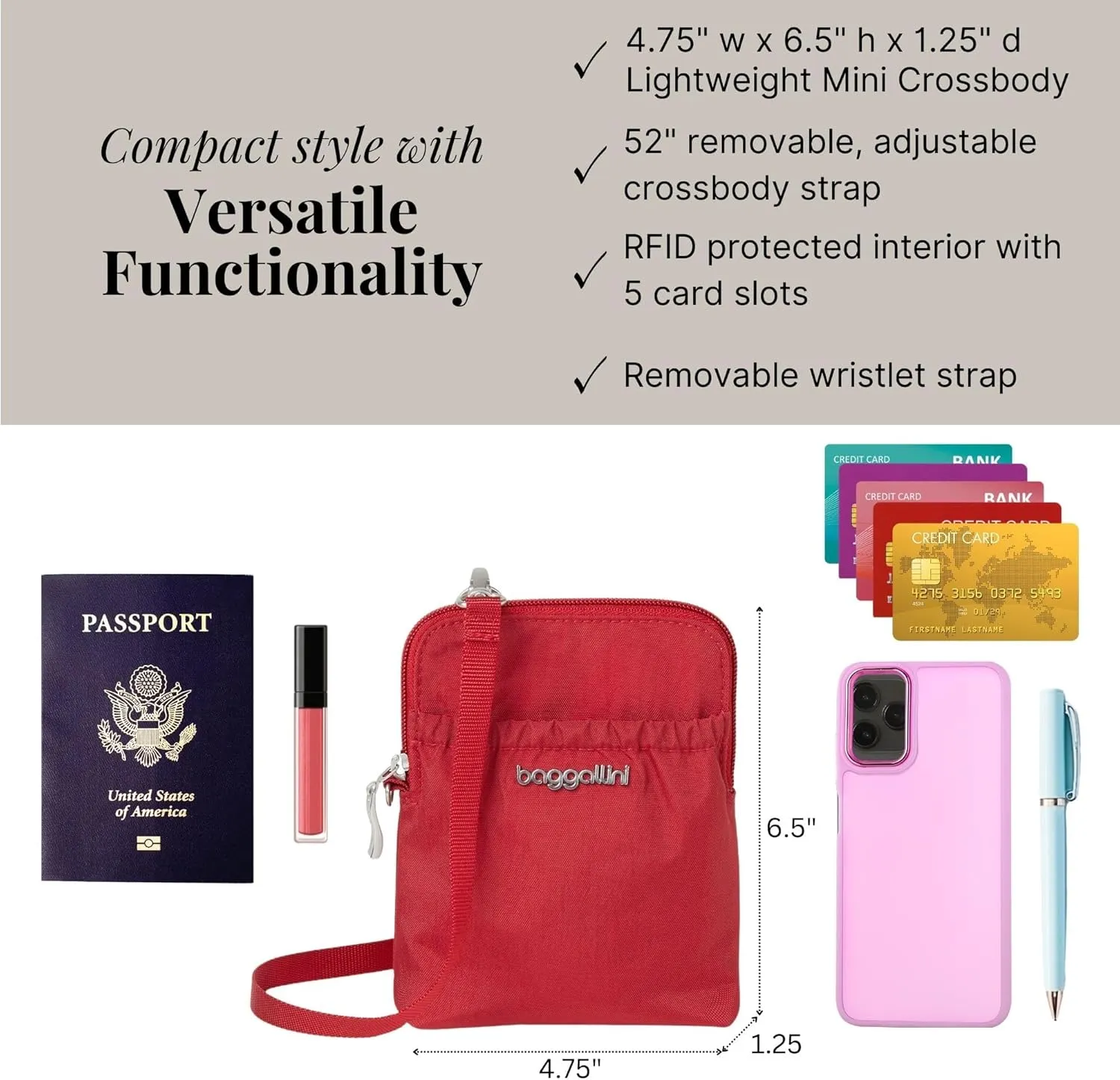 Baggallini Bryant Pouch Small Crossbody Bag for Women - Phone Purse with Crossbody Strap - Lightweight Crossbody Pouch