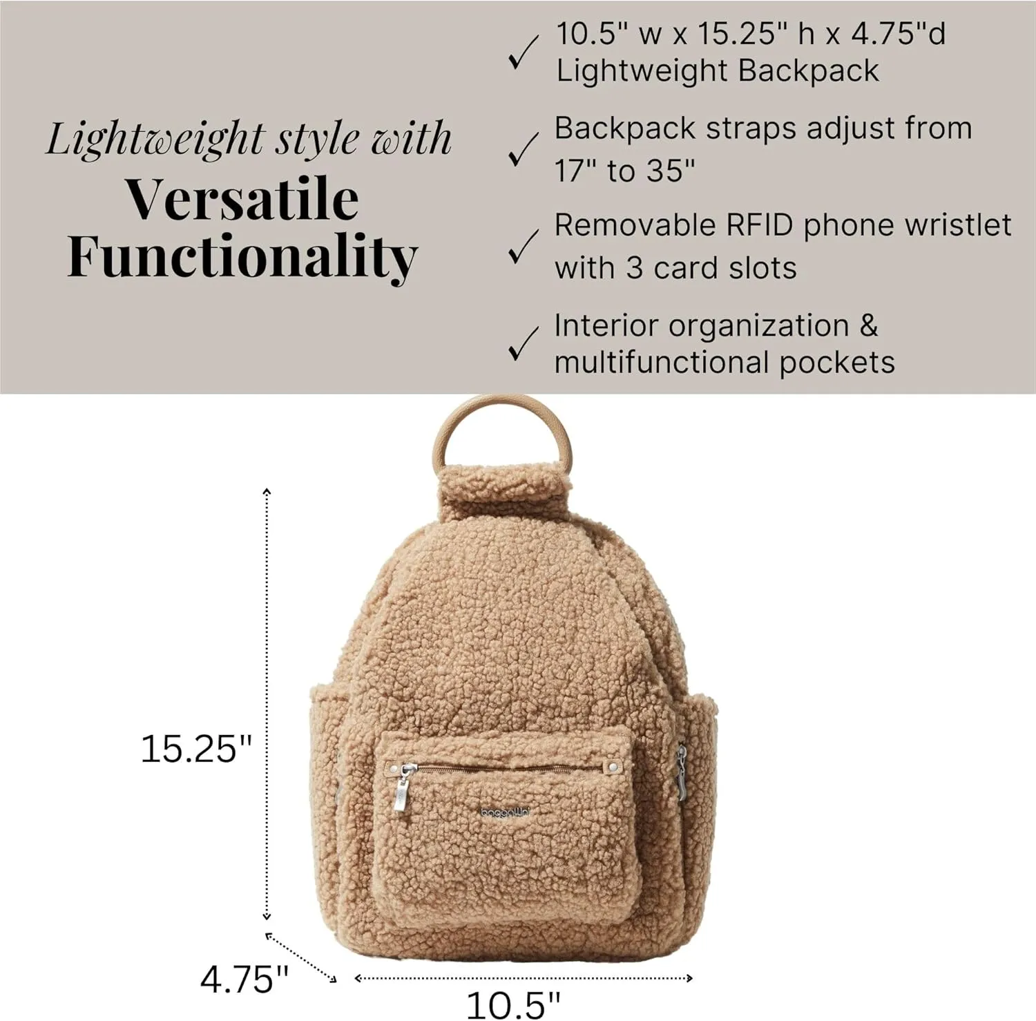 Baggallini Womens All Day Backpack With RFID Phone Wristlet, Taupe Faux Shearling