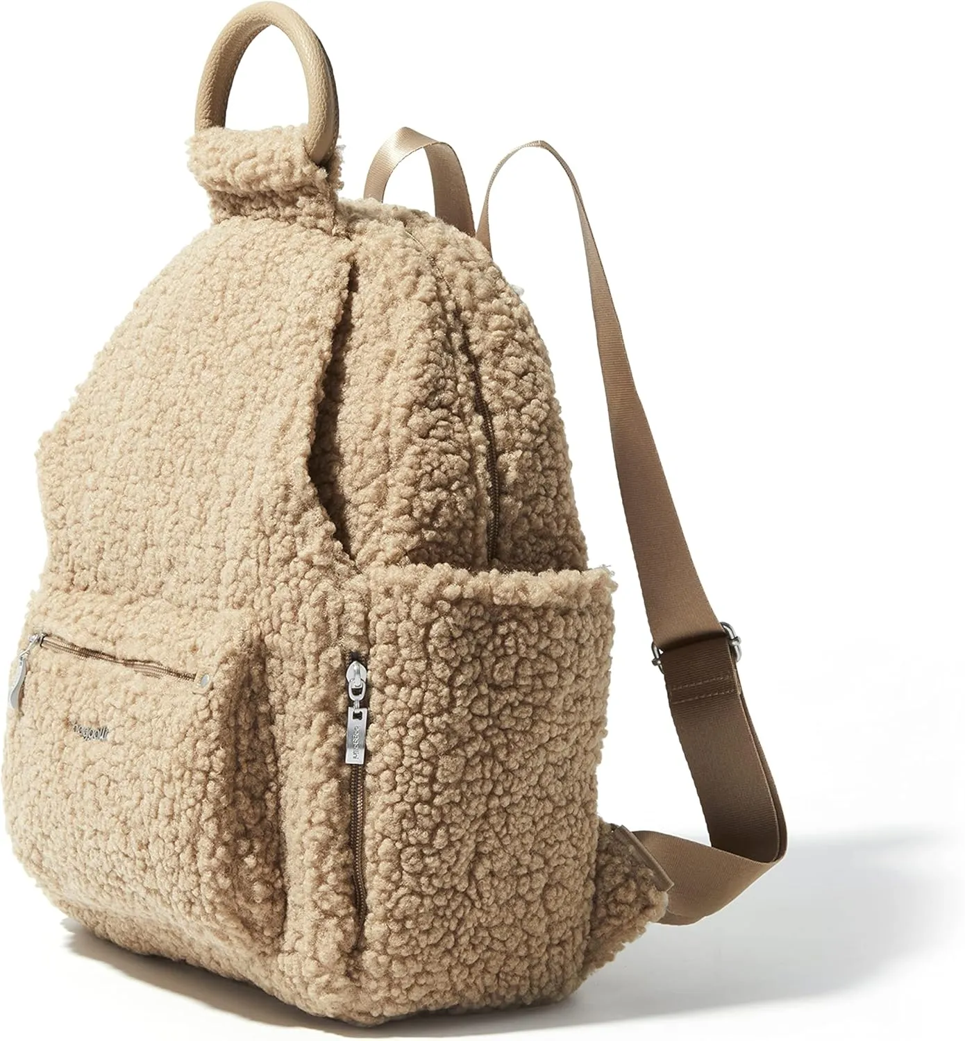 Baggallini Womens All Day Backpack With RFID Phone Wristlet, Taupe Faux Shearling