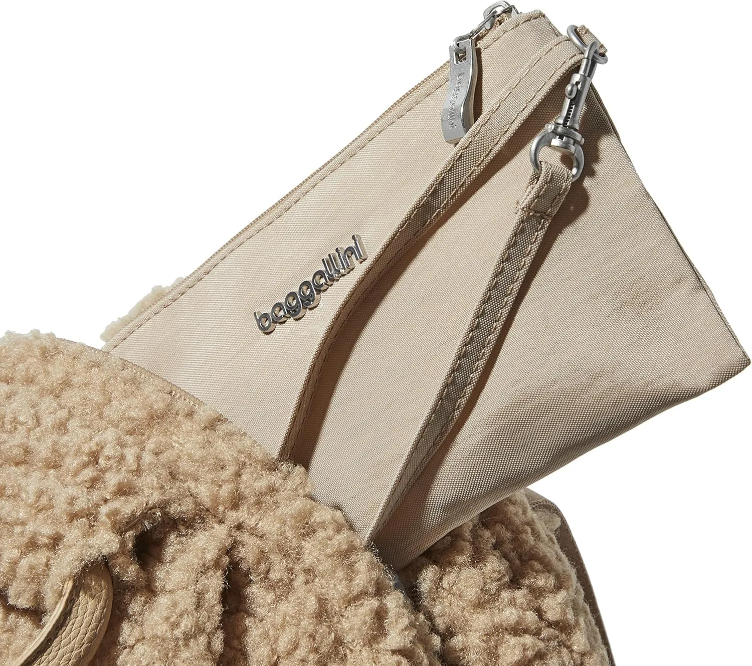 Baggallini Womens All Day Backpack With RFID Phone Wristlet, Taupe Faux Shearling