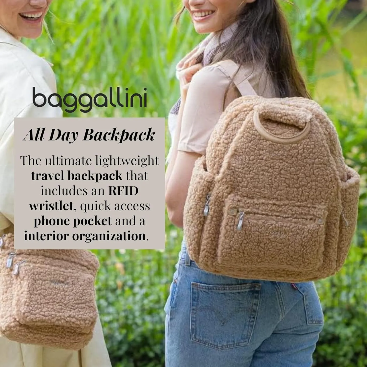 Baggallini Womens All Day Backpack With RFID Phone Wristlet, Taupe Faux Shearling