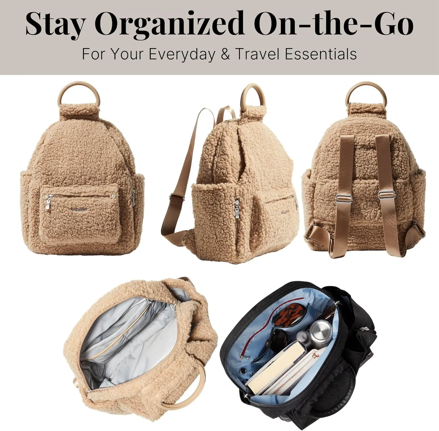 Baggallini Womens All Day Backpack With RFID Phone Wristlet, Taupe Faux Shearling