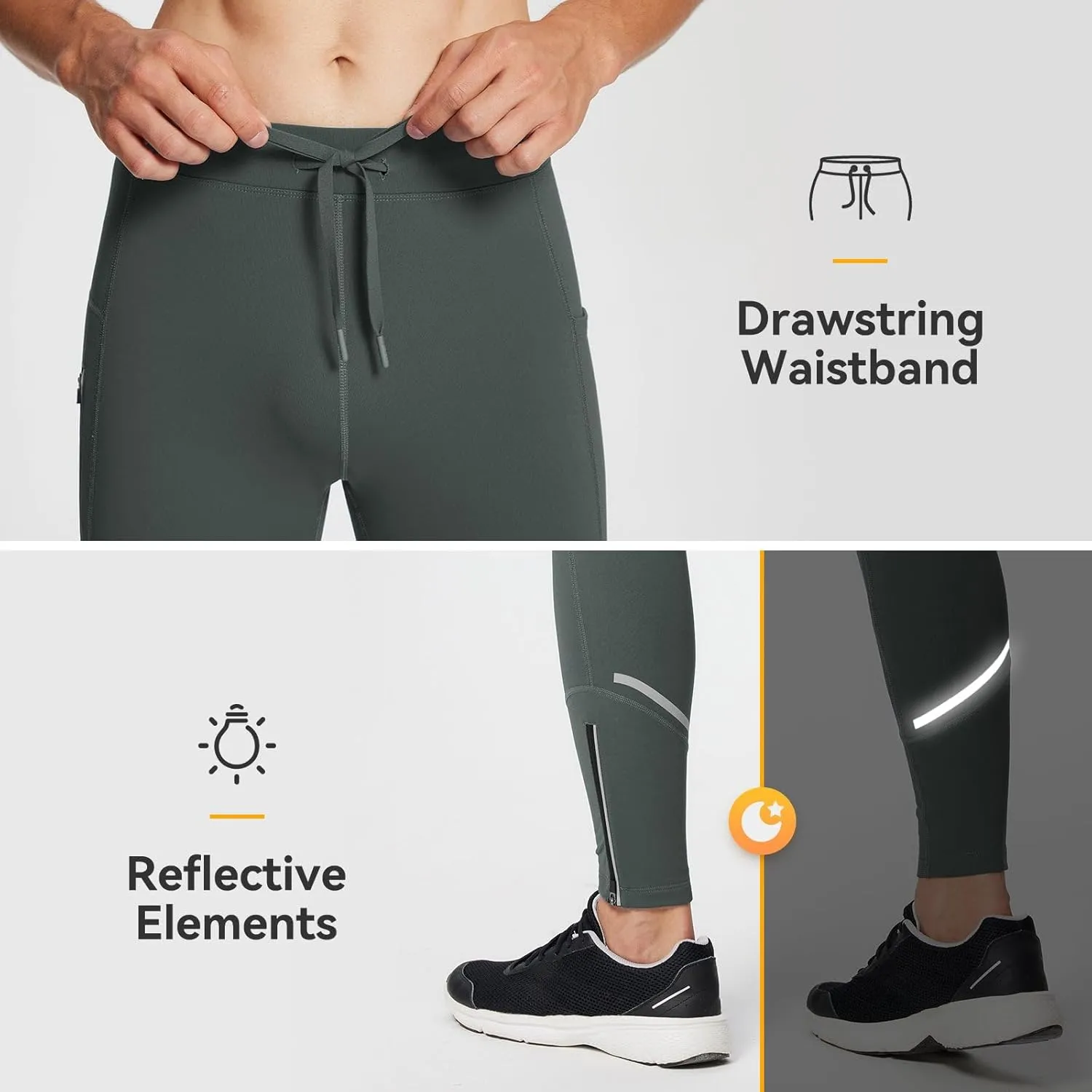 baleaf Men's Winter Running Tights Thermal Cycling Pants Water Resistant Pockets Zipper Legs Cold Weather