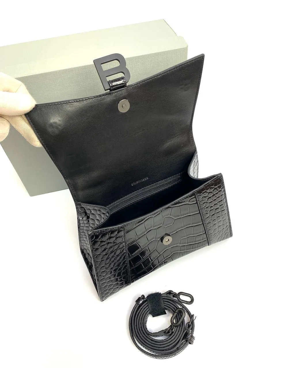 Balenciaga Hourglass croc-effect leather cross-body bag black