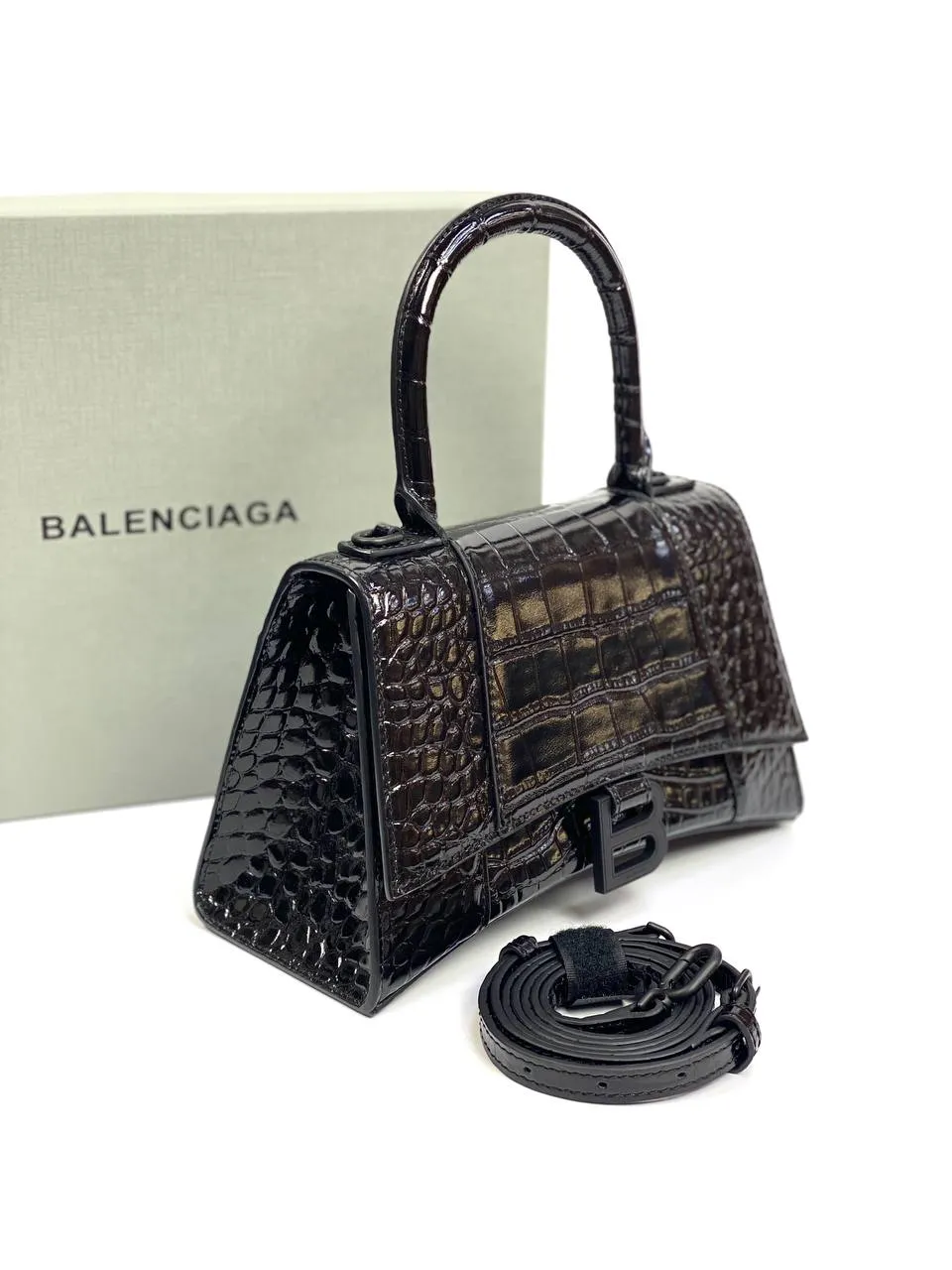 Balenciaga Hourglass croc-effect leather cross-body bag black