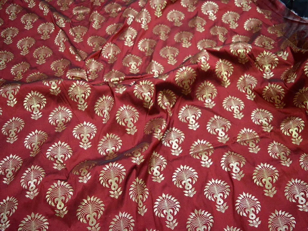 Banarasi Brocade fabric by the Yard Indian Burgundy Brocade Banarasi Bridal Wedding Lehenga Dress Fabric Home Decor Table Runner Curtains